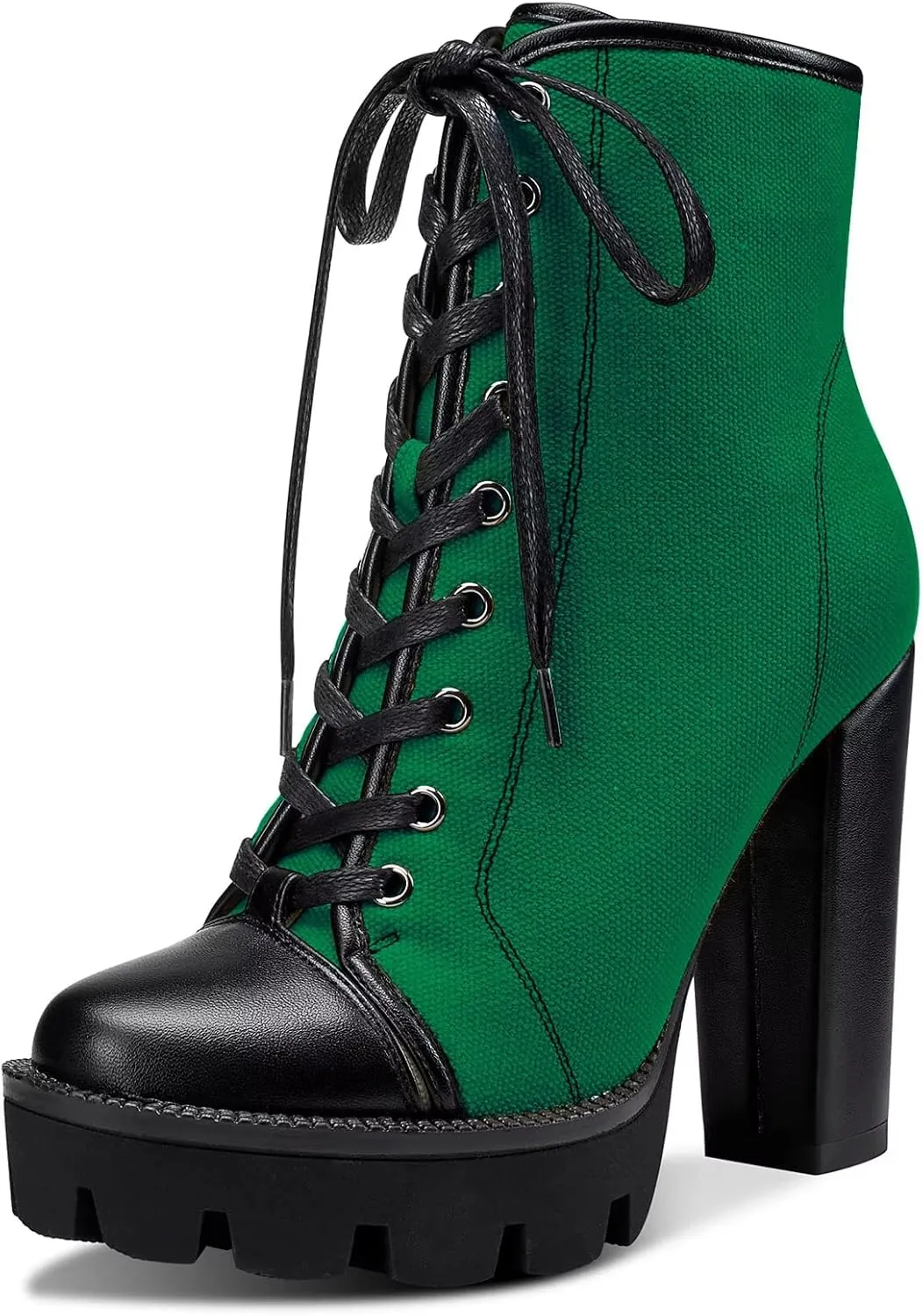 NobleOnly Women High Heel Platform Round Toe Ankle Boots Short Bootie Zipper Lace-up Riding Boots Classic Party Office 5.1 Inches Heels