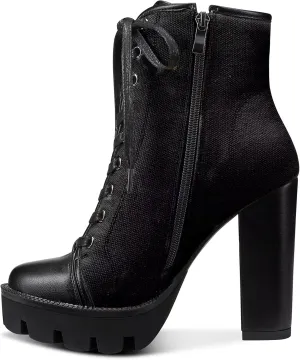 NobleOnly Women High Heel Platform Round Toe Ankle Boots Short Bootie Zipper Lace-up Riding Boots Classic Party Office 5.1 Inches Heels