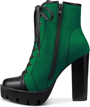 NobleOnly Women High Heel Platform Round Toe Ankle Boots Short Bootie Zipper Lace-up Riding Boots Classic Party Office 5.1 Inches Heels