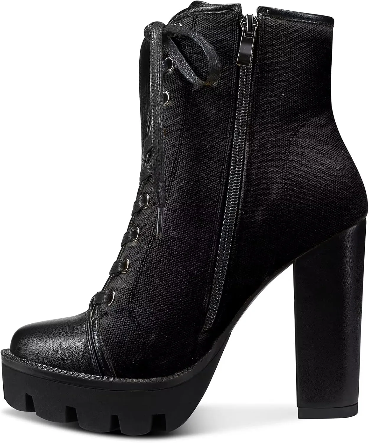 NobleOnly Women High Heel Platform Round Toe Ankle Boots Short Bootie Zipper Lace-up Riding Boots Classic Party Office 5.1 Inches Heels