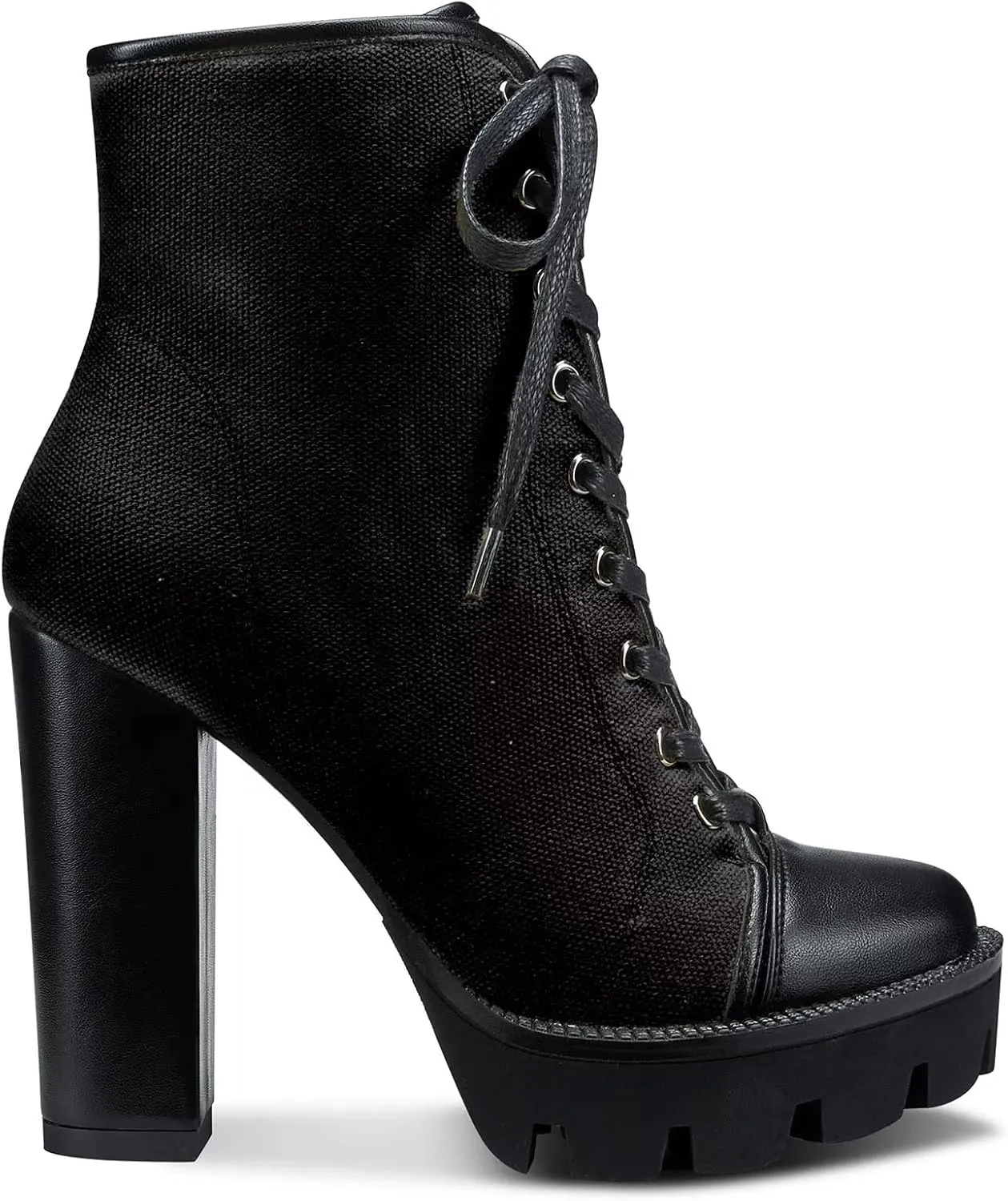 NobleOnly Women High Heel Platform Round Toe Ankle Boots Short Bootie Zipper Lace-up Riding Boots Classic Party Office 5.1 Inches Heels