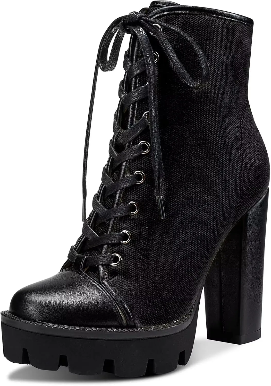 NobleOnly Women High Heel Platform Round Toe Ankle Boots Short Bootie Zipper Lace-up Riding Boots Classic Party Office 5.1 Inches Heels