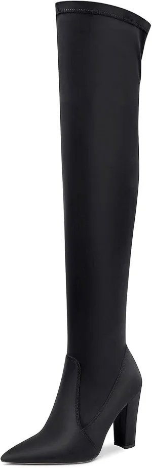 NobleOnly Women's High Heels Over Knee Boots Pointed-Toe Sexy Boot with Zipper Basic Office Boot 4" Chunky Heel Shoes