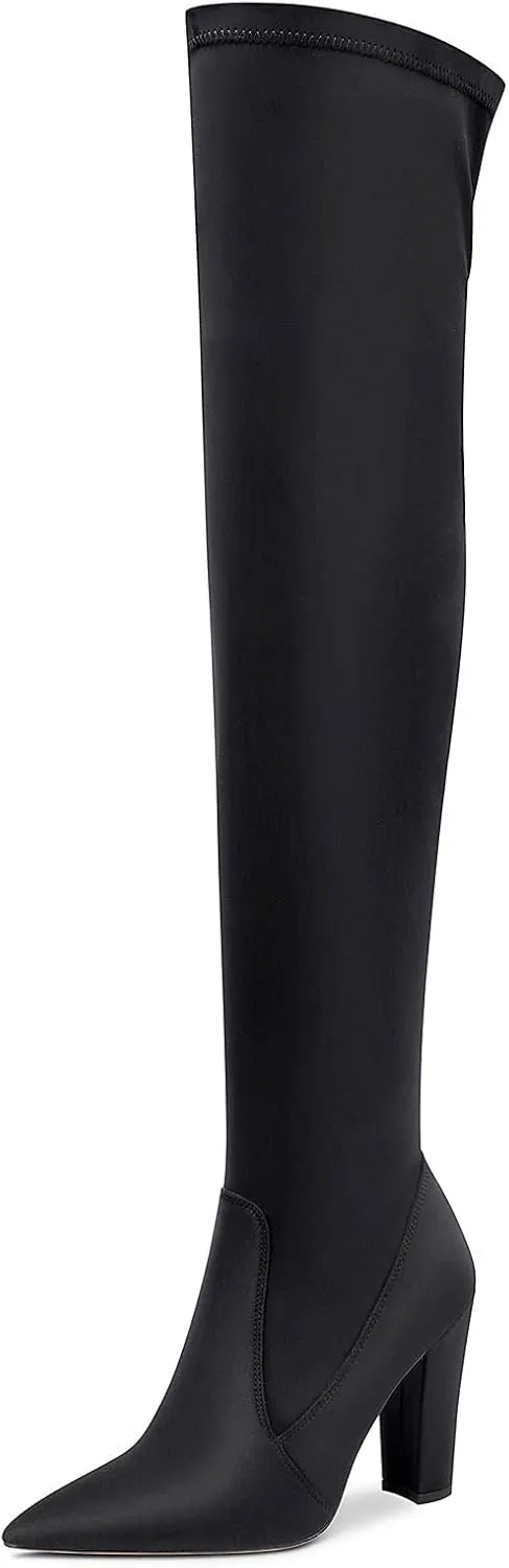 NobleOnly Women's High Heels Over Knee Boots Pointed-Toe Sexy Boot with Zipper Basic Office Boot 4" Chunky Heel Shoes