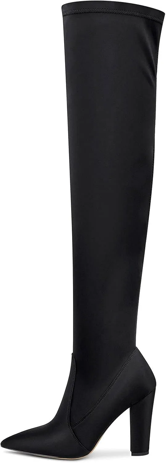 NobleOnly Women's High Heels Over Knee Boots Pointed-Toe Sexy Boot with Zipper Basic Office Boot 4" Chunky Heel Shoes