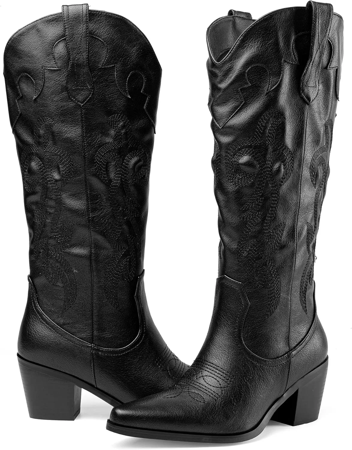 Oh Mispares Women's Western Style Knee High Cowgirl Boots Embroidered Wide Calf Pointed Toe Chunky Block Heel Cowboy Boots