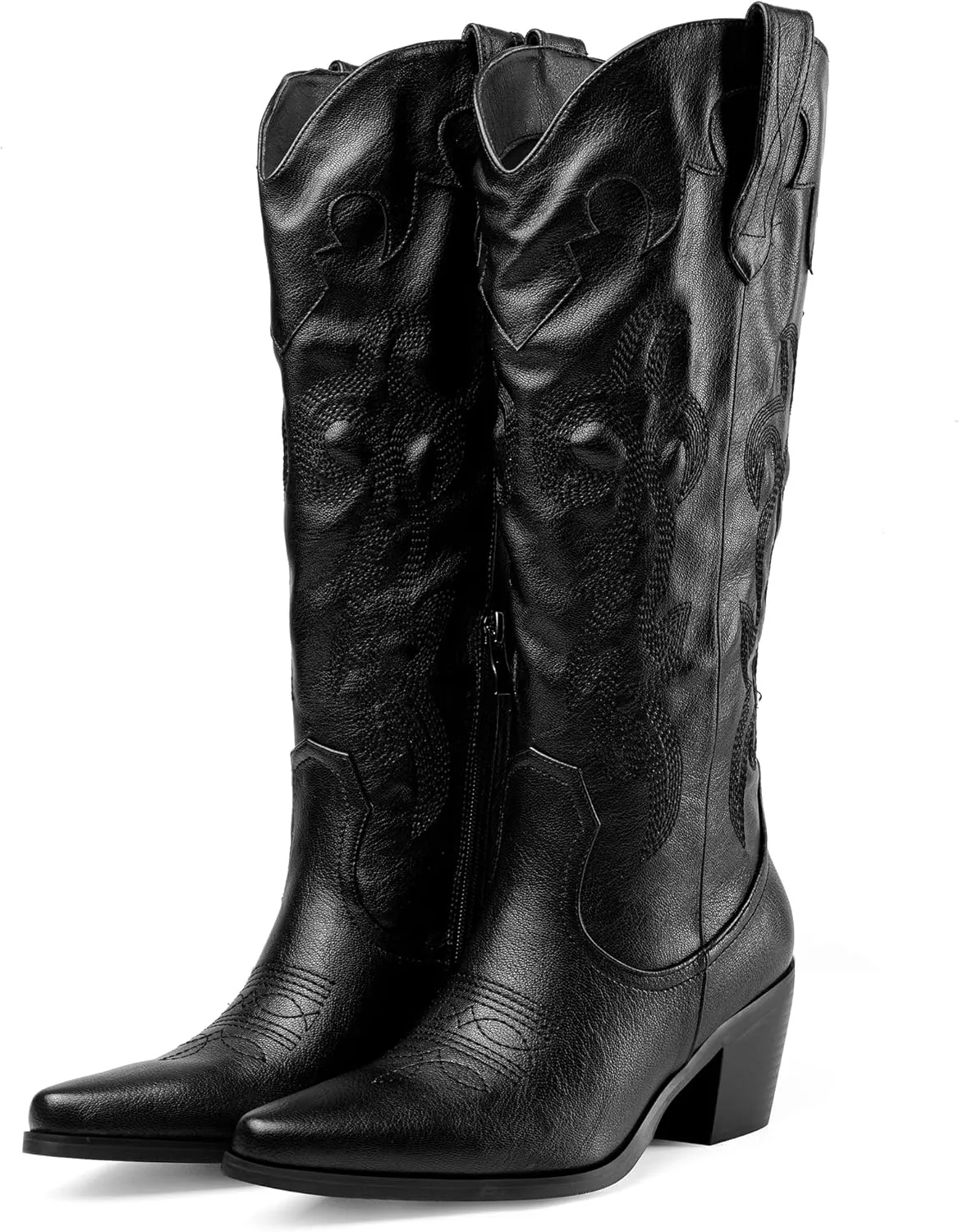 Oh Mispares Women's Western Style Knee High Cowgirl Boots Embroidered Wide Calf Pointed Toe Chunky Block Heel Cowboy Boots