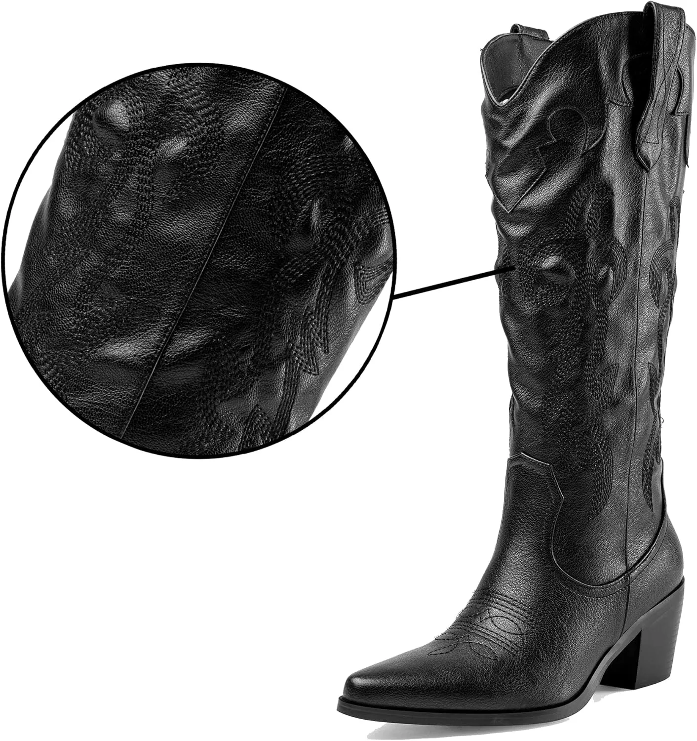 Oh Mispares Women's Western Style Knee High Cowgirl Boots Embroidered Wide Calf Pointed Toe Chunky Block Heel Cowboy Boots