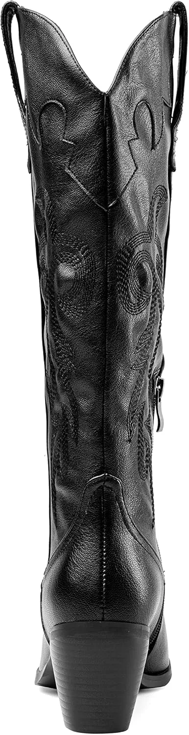 Oh Mispares Women's Western Style Knee High Cowgirl Boots Embroidered Wide Calf Pointed Toe Chunky Block Heel Cowboy Boots