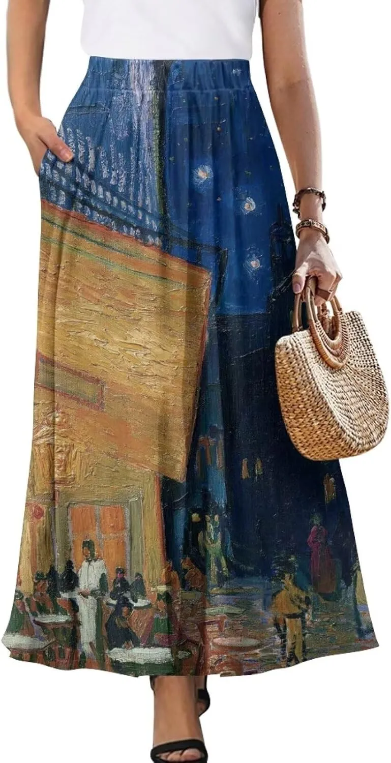 Oil Painting Printed Women's Long Maxi Skirt Elegant Pleated High Waisted A-Link Long Maxi Skirt for Party, Work