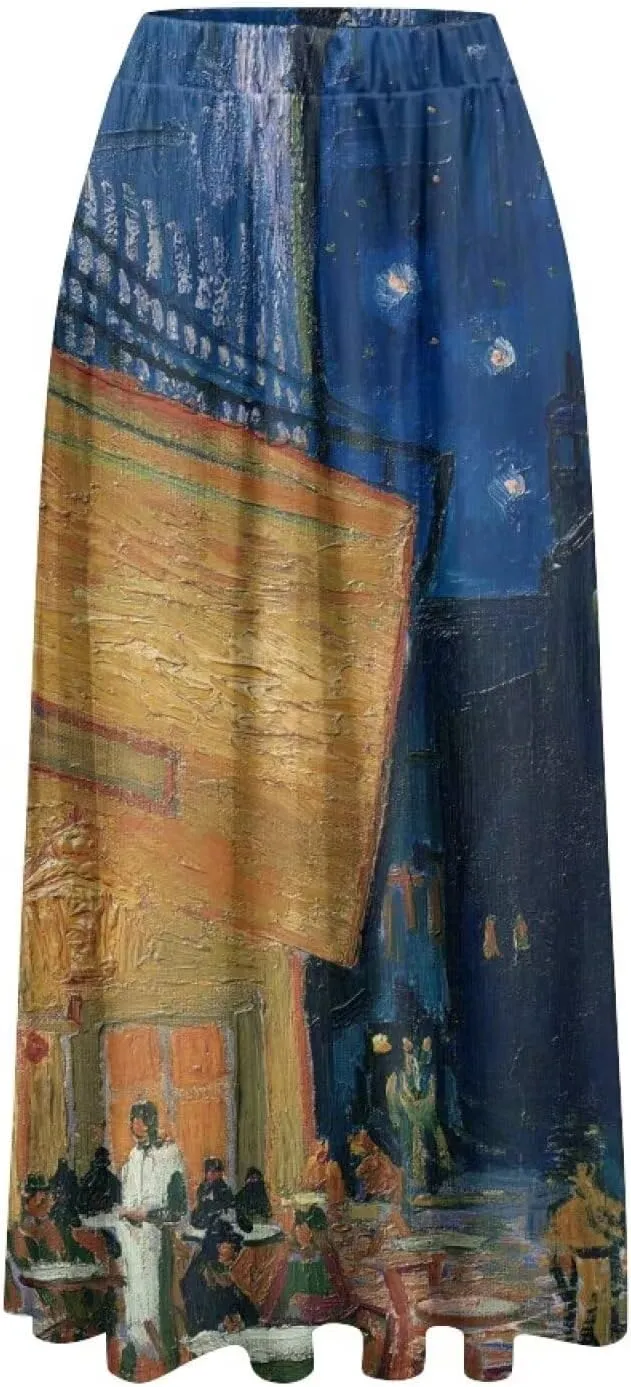 Oil Painting Printed Women's Long Maxi Skirt Elegant Pleated High Waisted A-Link Long Maxi Skirt for Party, Work