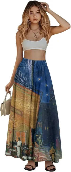 Oil Painting Printed Women's Long Maxi Skirt Elegant Pleated High Waisted A-Link Long Maxi Skirt for Party, Work