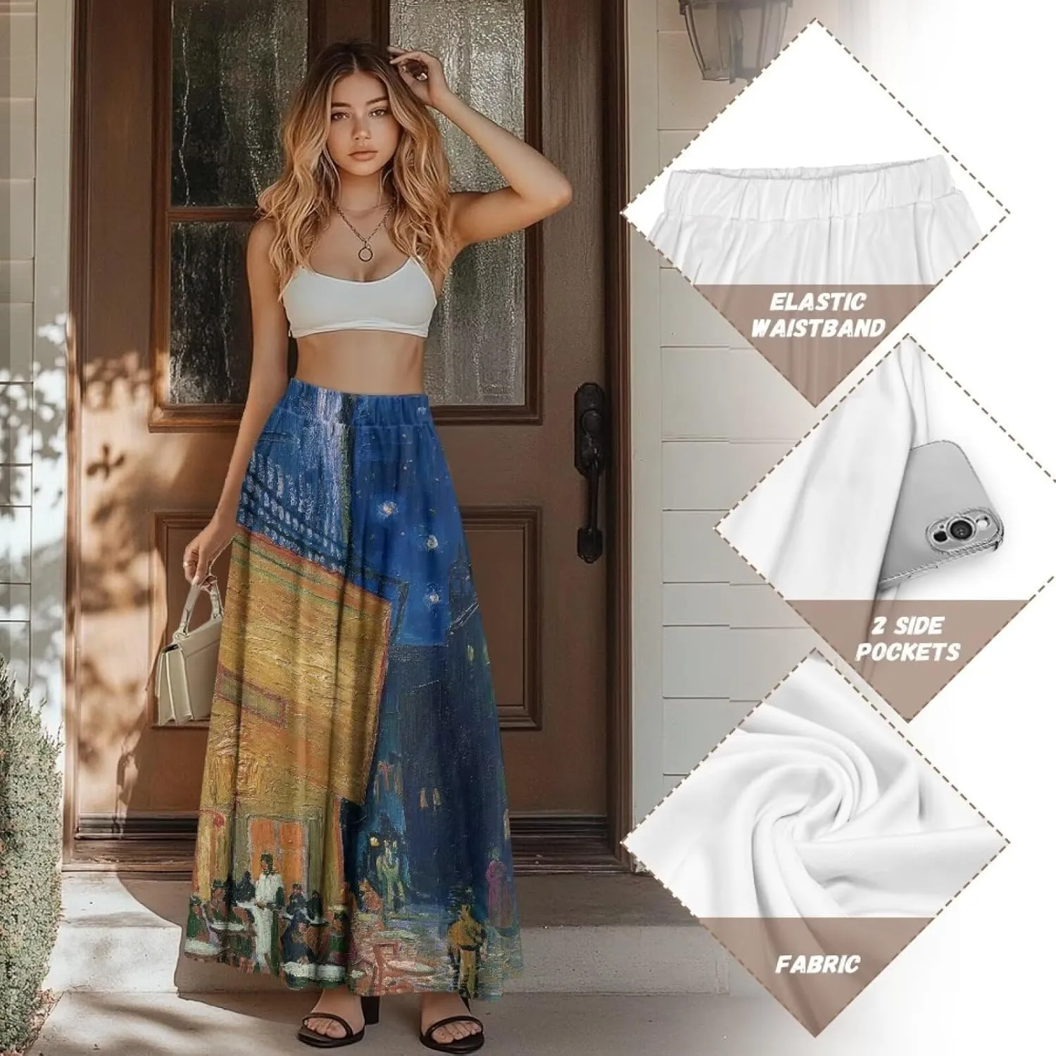 Oil Painting Printed Women's Long Maxi Skirt Elegant Pleated High Waisted A-Link Long Maxi Skirt for Party, Work