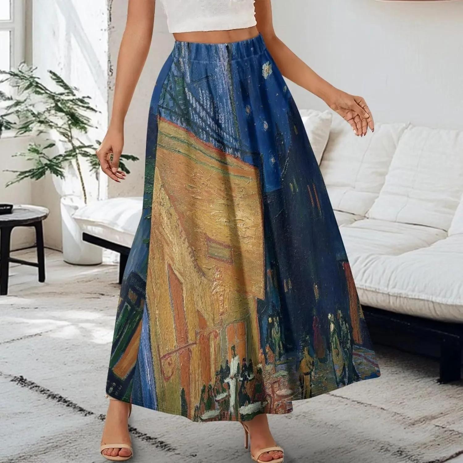 Oil Painting Printed Women's Long Maxi Skirt Elegant Pleated High Waisted A-Link Long Maxi Skirt for Party, Work