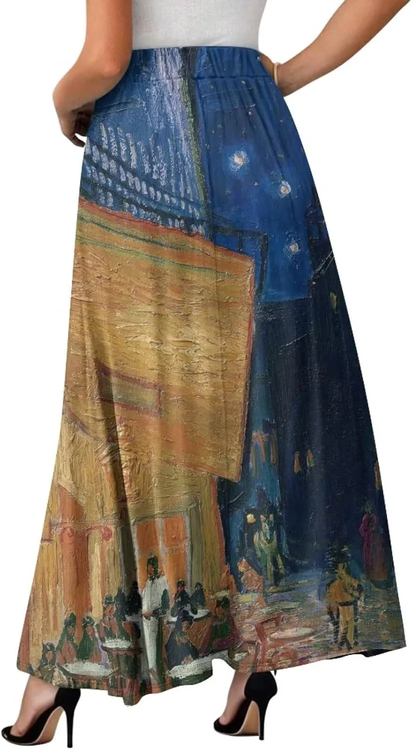 Oil Painting Printed Women's Long Maxi Skirt Elegant Pleated High Waisted A-Link Long Maxi Skirt for Party, Work