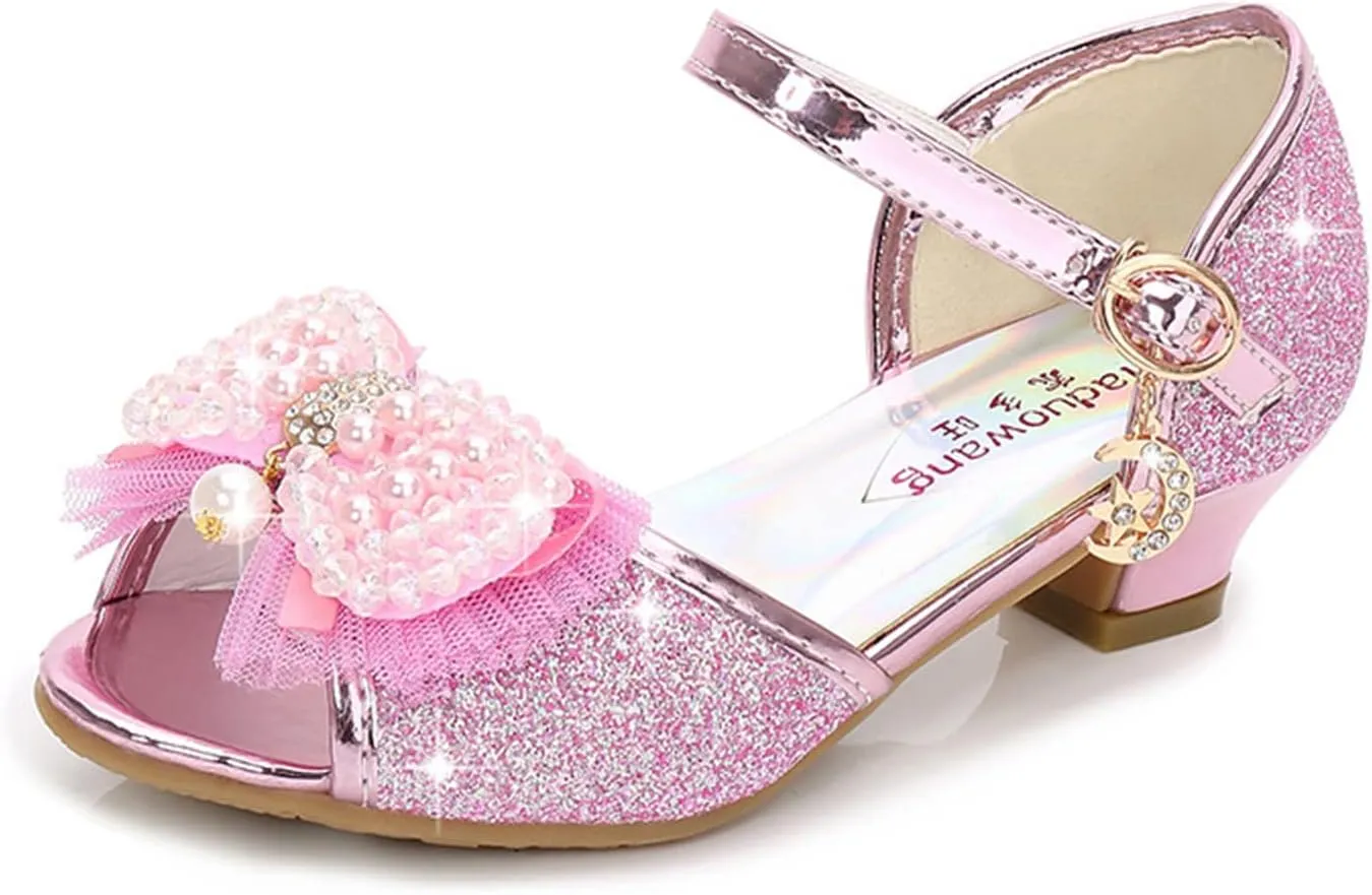 OMEARK Girls Dress Wedding Party Shoes Peep Toe Sparkly Cosplay Low Heel Princess Shoes Glitter Sequins Pearls Butterfly Ankle Strap Fashion Sandals for Kids Toddler