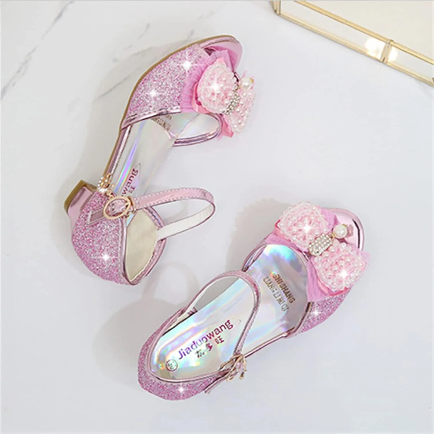 OMEARK Girls Dress Wedding Party Shoes Peep Toe Sparkly Cosplay Low Heel Princess Shoes Glitter Sequins Pearls Butterfly Ankle Strap Fashion Sandals for Kids Toddler