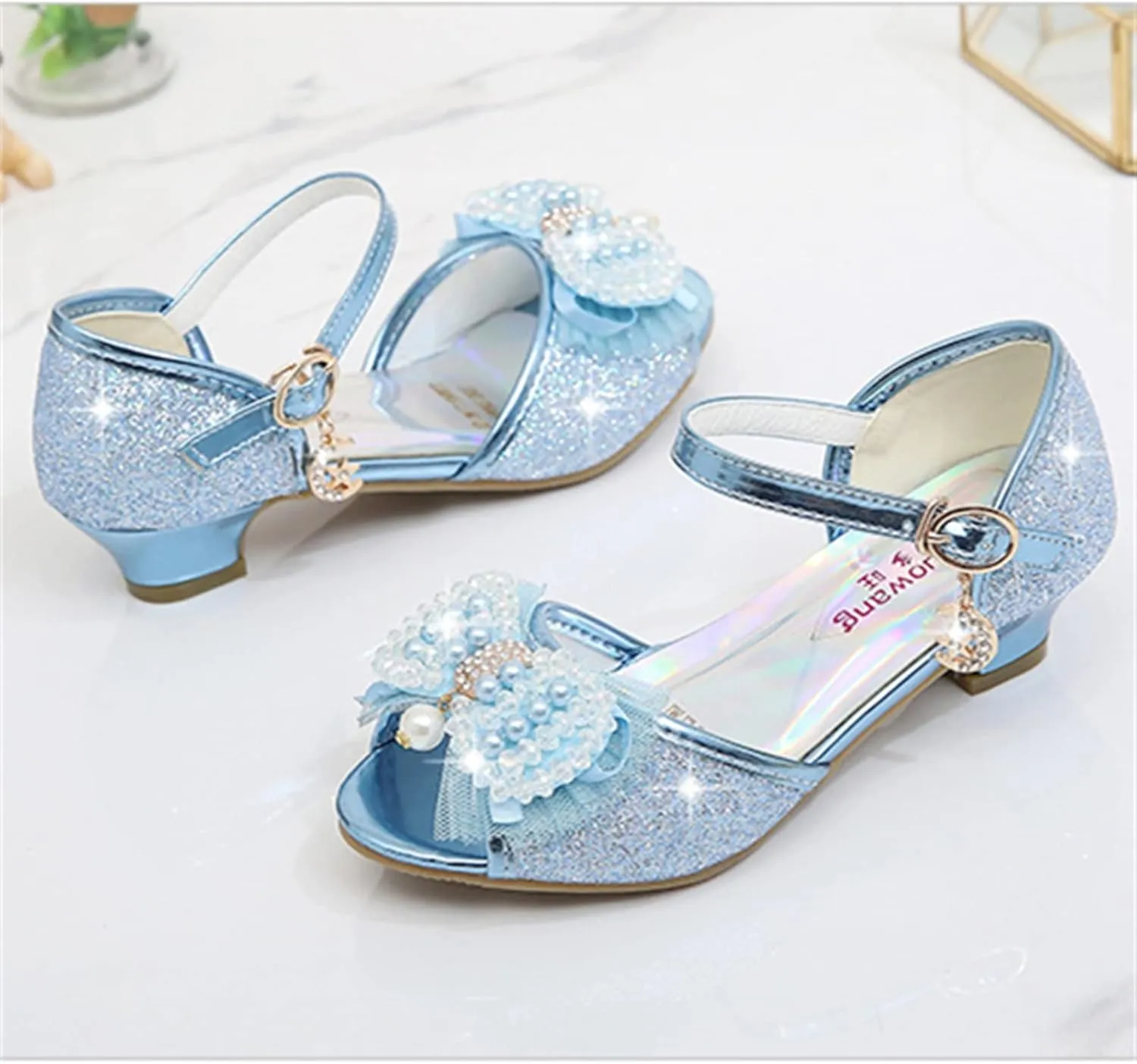 OMEARK Girls Dress Wedding Party Shoes Peep Toe Sparkly Cosplay Low Heel Princess Shoes Glitter Sequins Pearls Butterfly Ankle Strap Fashion Sandals for Kids Toddler