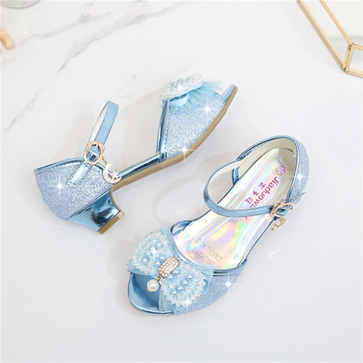 OMEARK Girls Dress Wedding Party Shoes Peep Toe Sparkly Cosplay Low Heel Princess Shoes Glitter Sequins Pearls Butterfly Ankle Strap Fashion Sandals for Kids Toddler