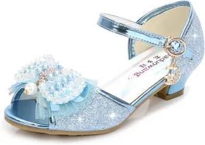 OMEARK Girls Dress Wedding Party Shoes Peep Toe Sparkly Cosplay Low Heel Princess Shoes Glitter Sequins Pearls Butterfly Ankle Strap Fashion Sandals for Kids Toddler