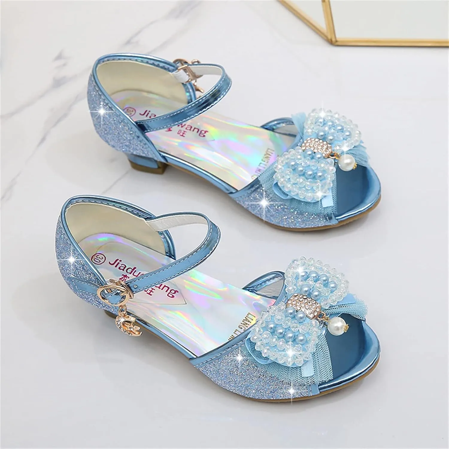 OMEARK Girls Dress Wedding Party Shoes Peep Toe Sparkly Cosplay Low Heel Princess Shoes Glitter Sequins Pearls Butterfly Ankle Strap Fashion Sandals for Kids Toddler
