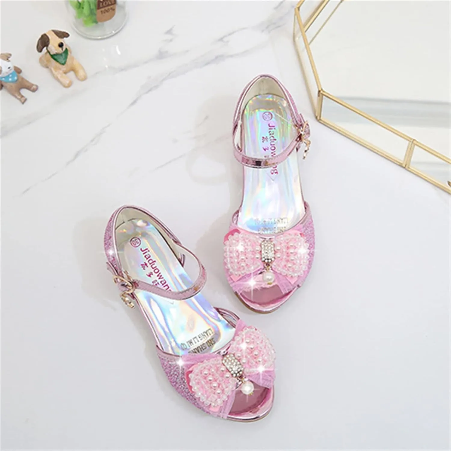 OMEARK Girls Dress Wedding Party Shoes Peep Toe Sparkly Cosplay Low Heel Princess Shoes Glitter Sequins Pearls Butterfly Ankle Strap Fashion Sandals for Kids Toddler