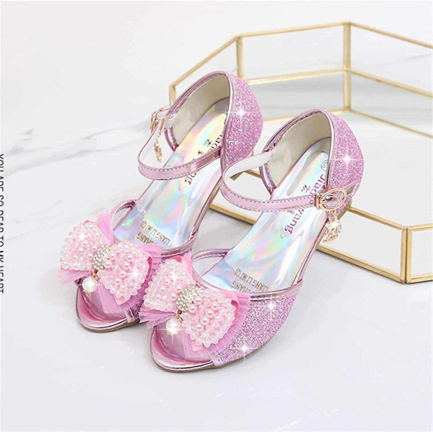OMEARK Girls Dress Wedding Party Shoes Peep Toe Sparkly Cosplay Low Heel Princess Shoes Glitter Sequins Pearls Butterfly Ankle Strap Fashion Sandals for Kids Toddler