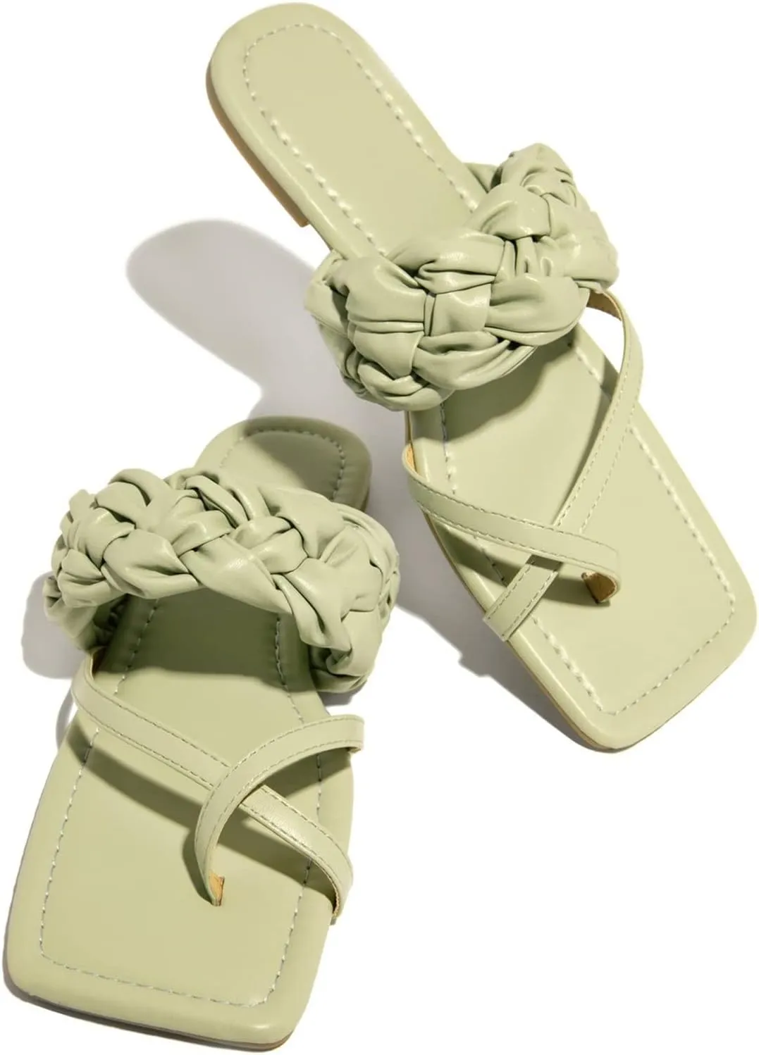 Open Square Toe Flats Women's Cross Strap Woven Leather Flat Sandals Summer Casual Thong Flip Flops Low-Heeled Platform Toe Ring Sandals Streetwear Fashion Beach Shoes
