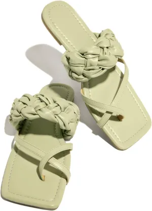 Open Square Toe Flats Women's Cross Strap Woven Leather Flat Sandals Summer Casual Thong Flip Flops Low-Heeled Platform Toe Ring Sandals Streetwear Fashion Beach Shoes
