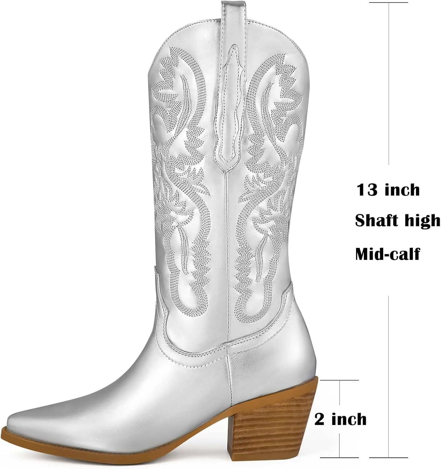 Ouepiano Women's Western Cowboy Embroidered Mid Calf Boots, Almond Pointed Toe 6cm Medium Chunky Heel Pull Tab Fashion Cowgirl Boots