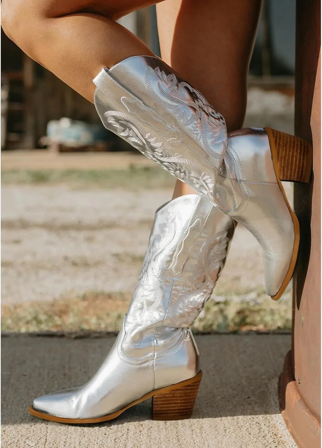 Ouepiano Women's Western Cowboy Embroidered Mid Calf Boots, Almond Pointed Toe 6cm Medium Chunky Heel Pull Tab Fashion Cowgirl Boots