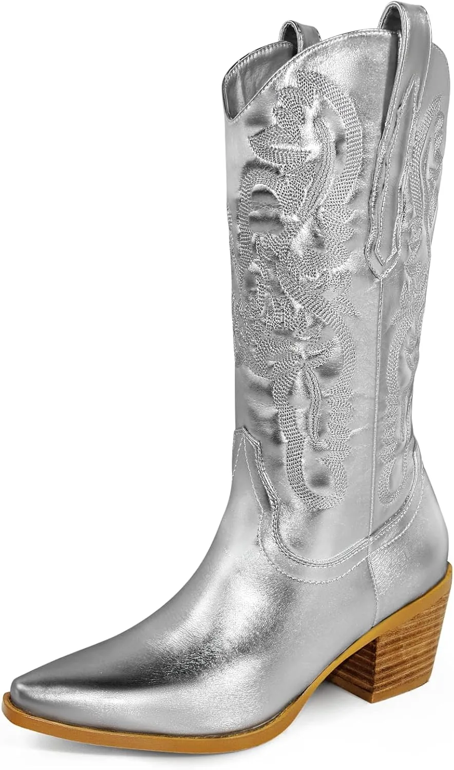 Ouepiano Women's Western Cowboy Embroidered Mid Calf Boots, Almond Pointed Toe 6cm Medium Chunky Heel Pull Tab Fashion Cowgirl Boots