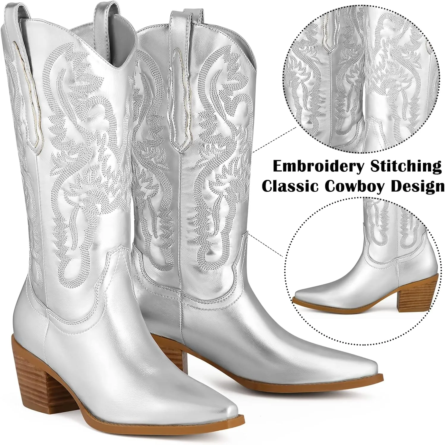 Ouepiano Women's Western Cowboy Embroidered Mid Calf Boots, Almond Pointed Toe 6cm Medium Chunky Heel Pull Tab Fashion Cowgirl Boots