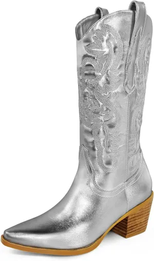 Ouepiano Women's Western Cowboy Embroidered Mid Calf Boots, Almond Pointed Toe 6cm Medium Chunky Heel Pull Tab Fashion Cowgirl Boots