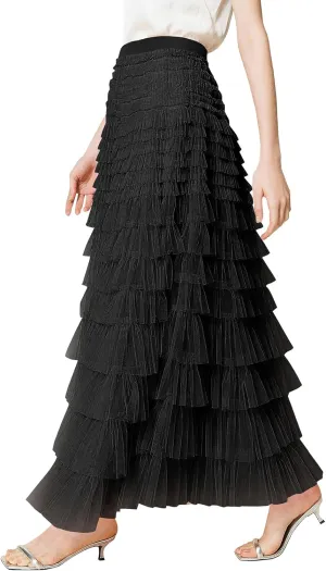 PEHMEA Women's Tiered Tulle Midi Skirt Elastic High Waist Flowy A-Line Maxi Skirts with Ruffle Layers for Party Wedding Daily