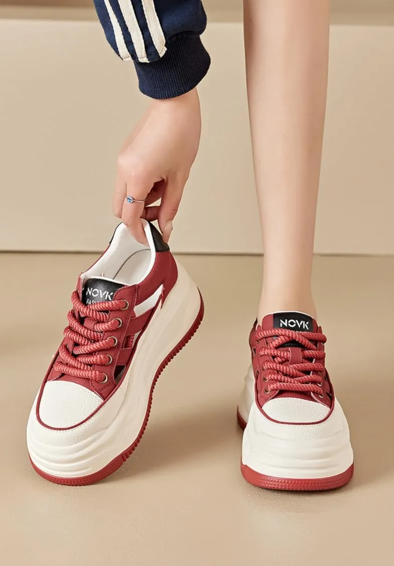Perforated Leather Sandals For Women & Girls - Retro Y2K Chunky Platform Shoes with Hidden Lift, Perfect for Summer Strolls, Beach Travel, Back to School, Comfy Streetwear, Trendy Everyday Minimalist