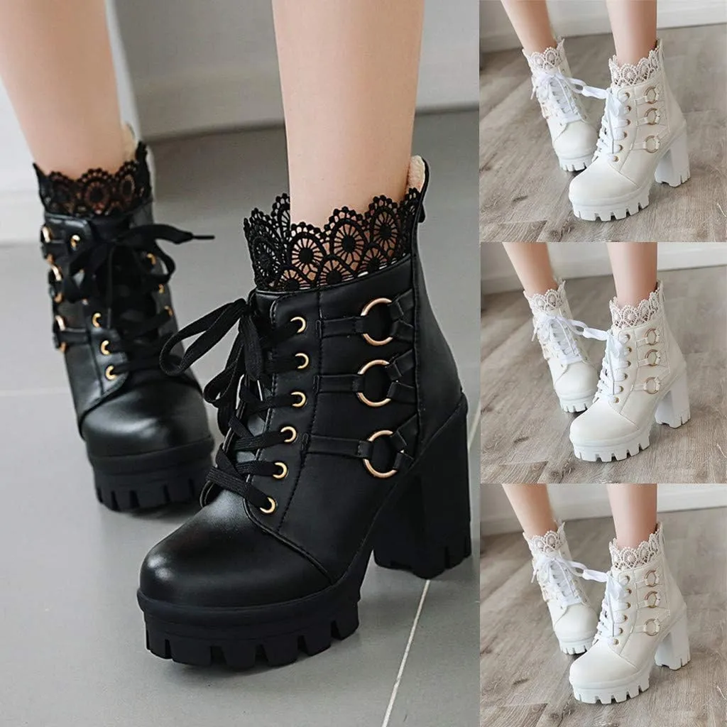 Platform Boots for Women,Women's Lace Up Combat Boots Fashion Floral Lace Chunky Pump Ankle Booties Goth Anti Slip High Heels Riding Short Boots for Bride Wedding Halloween Party