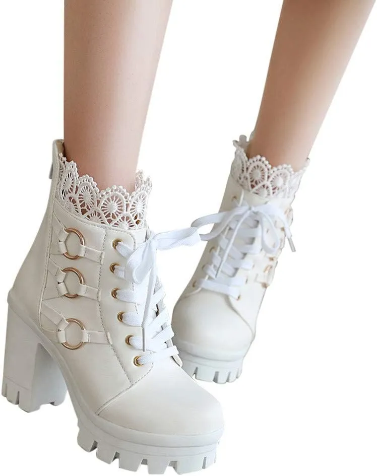 Platform Boots for Women,Women's Lace Up Combat Boots Fashion Floral Lace Chunky Pump Ankle Booties Goth Anti Slip High Heels Riding Short Boots for Bride Wedding Halloween Party