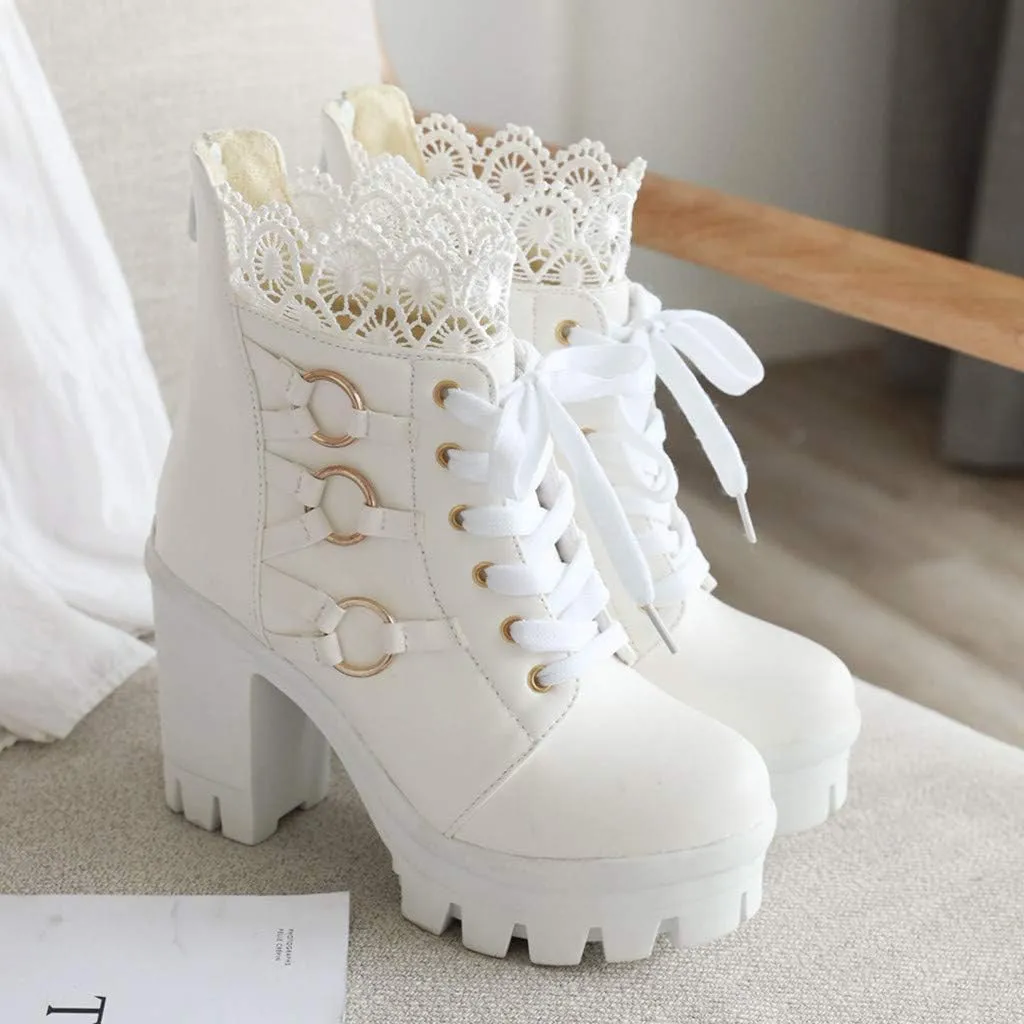 Platform Boots for Women,Women's Lace Up Combat Boots Fashion Floral Lace Chunky Pump Ankle Booties Goth Anti Slip High Heels Riding Short Boots for Bride Wedding Halloween Party
