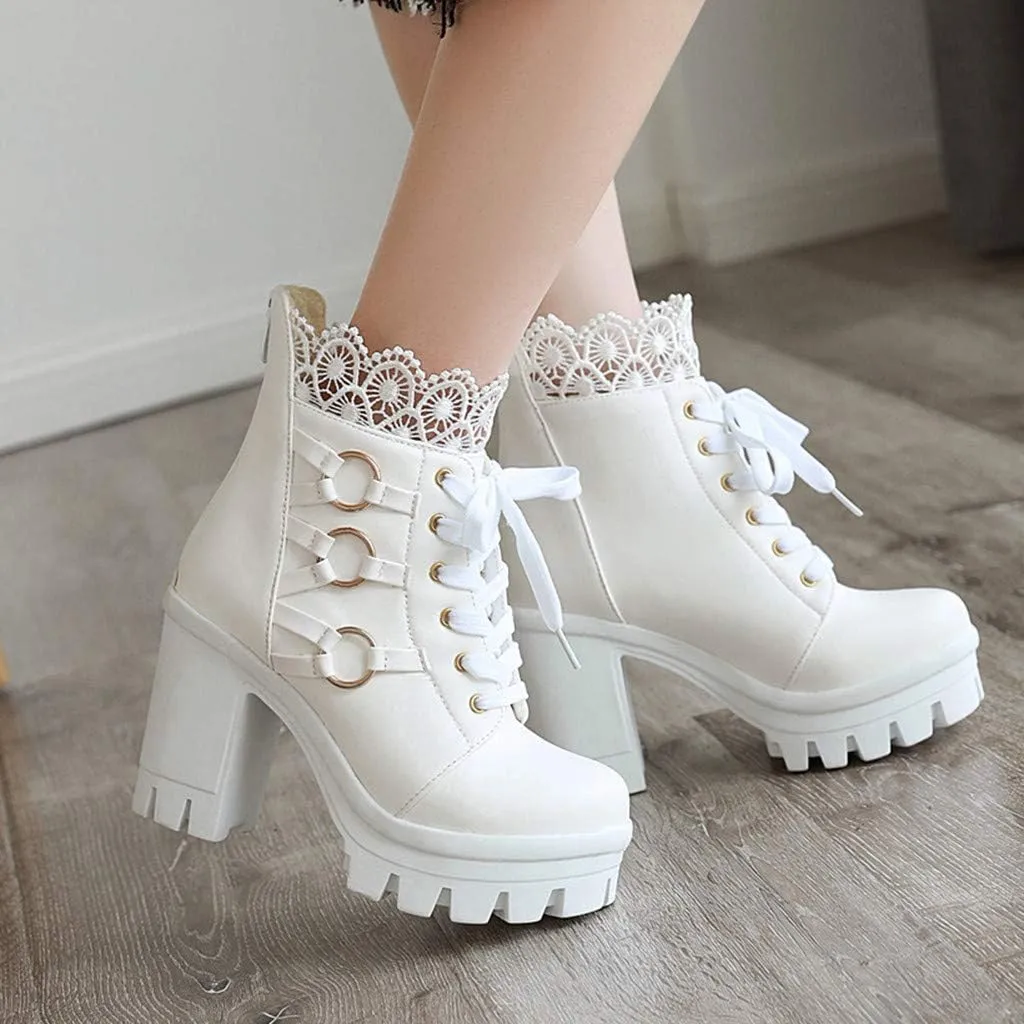 Platform Boots for Women,Women's Lace Up Combat Boots Fashion Floral Lace Chunky Pump Ankle Booties Goth Anti Slip High Heels Riding Short Boots for Bride Wedding Halloween Party