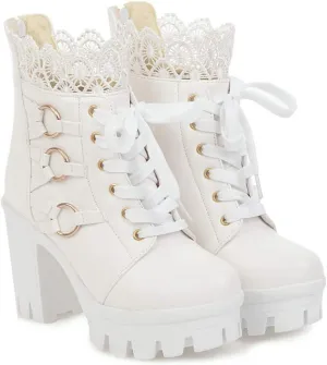 Platform Boots for Women,Women's Lace Up Combat Boots Fashion Floral Lace Chunky Pump Ankle Booties Goth Anti Slip High Heels Riding Short Boots for Bride Wedding Halloween Party