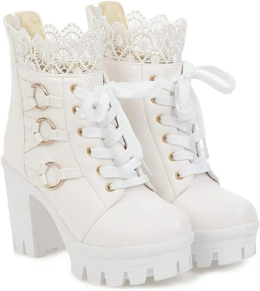 Platform Boots for Women,Women's Lace Up Combat Boots Fashion Floral Lace Chunky Pump Ankle Booties Goth Anti Slip High Heels Riding Short Boots for Bride Wedding Halloween Party