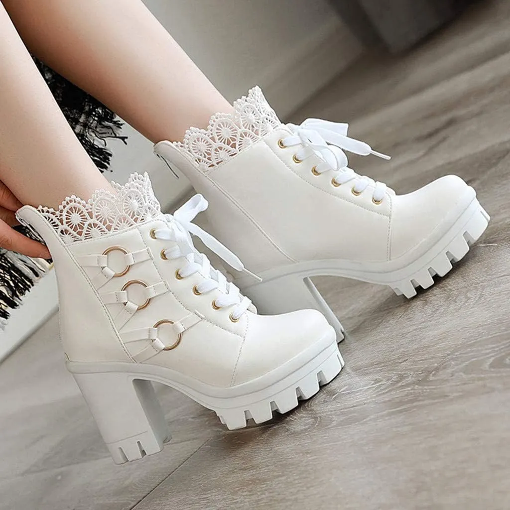 Platform Boots for Women,Women's Lace Up Combat Boots Fashion Floral Lace Chunky Pump Ankle Booties Goth Anti Slip High Heels Riding Short Boots for Bride Wedding Halloween Party