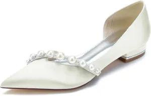 Pointed Toe Pearl Wedding Flats Comfortable Low Heels Slip On Champagne Wedding Shoes for Bride Satin Bridal Shoes Dress Pumps for Women