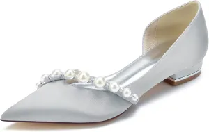 Pointed Toe Pearl Wedding Flats Comfortable Low Heels Slip On Champagne Wedding Shoes for Bride Satin Bridal Shoes Dress Pumps for Women