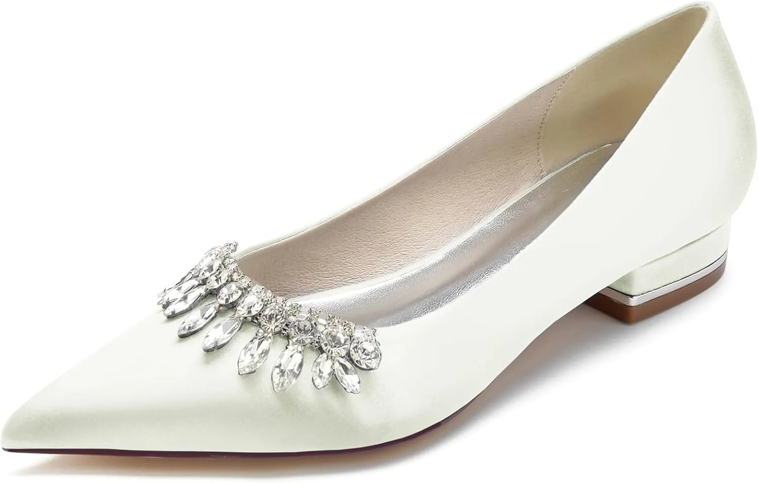 Pointed Toe Satin Flats with Rhinestones Wedding Shoes for Bride Flats Closed Toe Bridal Flat Dress Shoes Pumps for Women