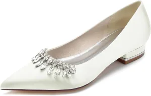 Pointed Toe Satin Flats with Rhinestones Wedding Shoes for Bride Flats Closed Toe Bridal Flat Dress Shoes Pumps for Women