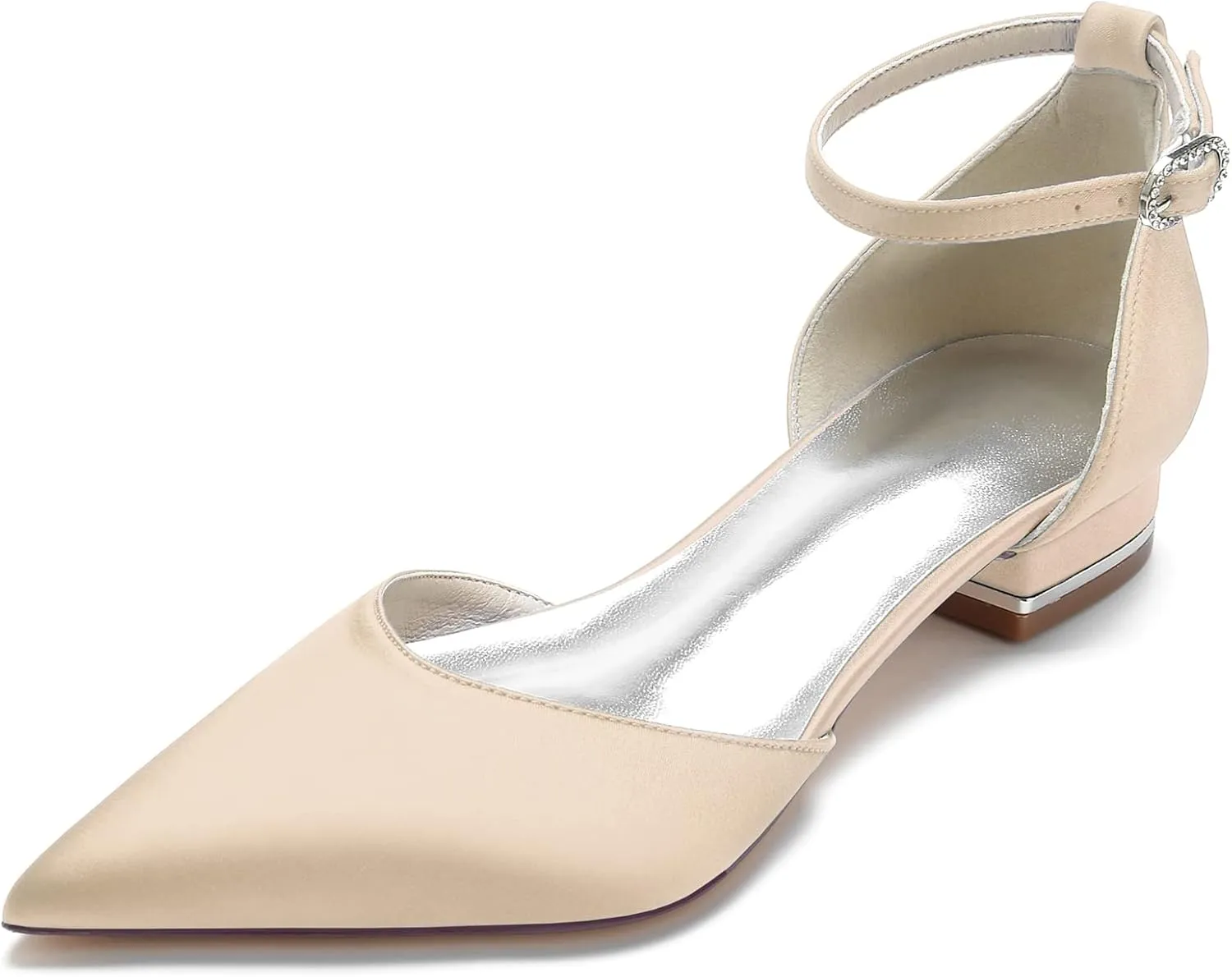 Pointed Toe Satin Wedding Flats Comfortable Wedding Shoes for Bride Low Heels Ankle Strap Bridal Flats Evening Prom Party Dress Shoes Pumps for Women