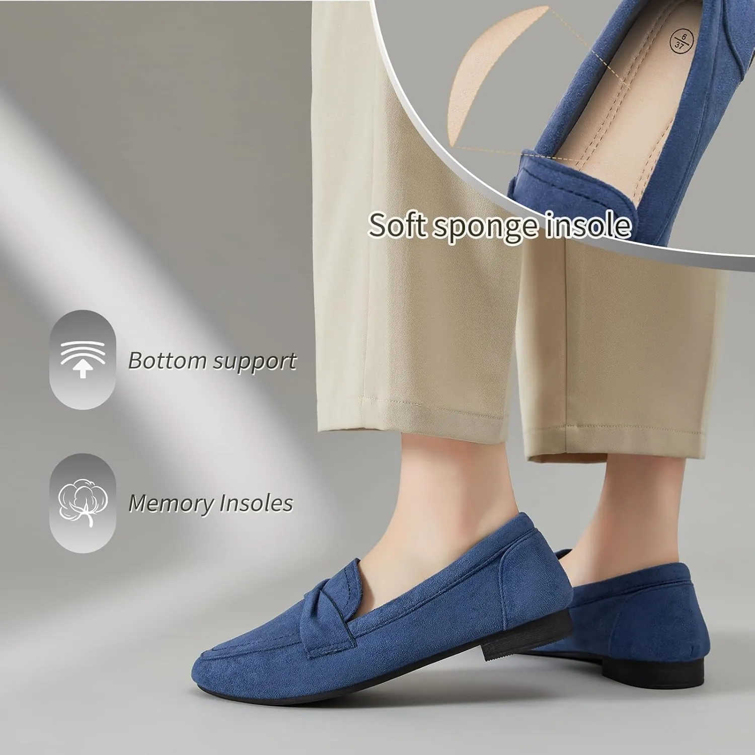 POVOGER Loafers for Women Slip on Shoes Black Flats Shoes Comfortable Work Shoes for Women Square Toe Ballets Flats