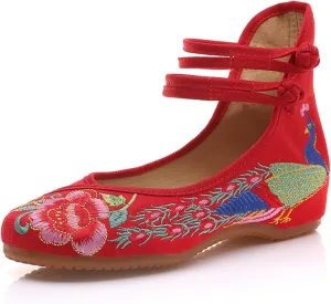 Qhome Women's Chinese Traditional Peacock Embroidered Oxfords Sole Cheongsam Walking Mary Janes Flats